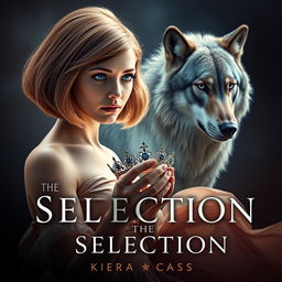 A captivating book cover inspired by 'The Selection' by Kiera Cass, featuring a young woman with sparkling sapphire blue eyes and light chestnut hair styled in a chic bob, gazing with determination at a beautiful diadem in her hands