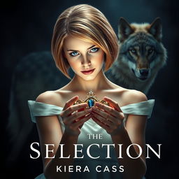 A captivating book cover inspired by 'The Selection' by Kiera Cass, featuring a young woman with sparkling sapphire blue eyes and light chestnut hair styled in a chic bob, gazing with determination at a beautiful diadem in her hands