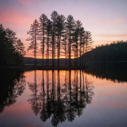 A charming sunset over a serene lake, with silhouettes of tall pine trees against the colorful evening sky.