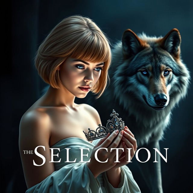 A captivating book cover inspired by 'The Selection' by Kiera Cass, featuring a young woman with sparkling sapphire blue eyes and light chestnut hair styled in a chic bob, gazing with determination at a beautiful diadem in her hands