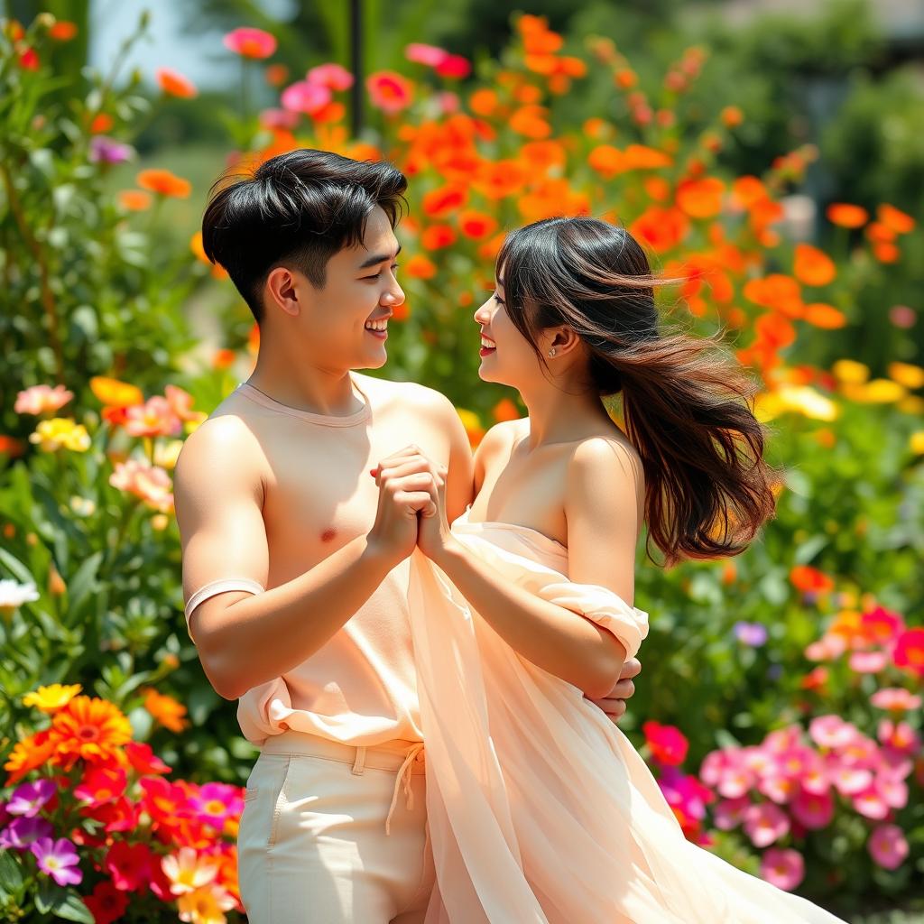 A vibrant and lively scene featuring a young East Asian couple dressed in minimal clothing, expressing joy and intimacy