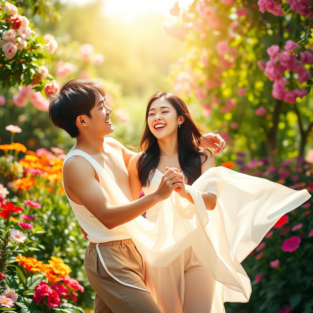 A vibrant and lively scene featuring a young East Asian couple dressed in minimal clothing, expressing joy and intimacy