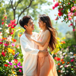 A vibrant and lively scene featuring a young East Asian couple dressed in minimal clothing, expressing joy and intimacy