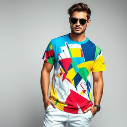 A stylish and modern graphic t-shirt design featuring a vivid abstract pattern of geometric shapes in bright colors like blue, red, yellow, and green