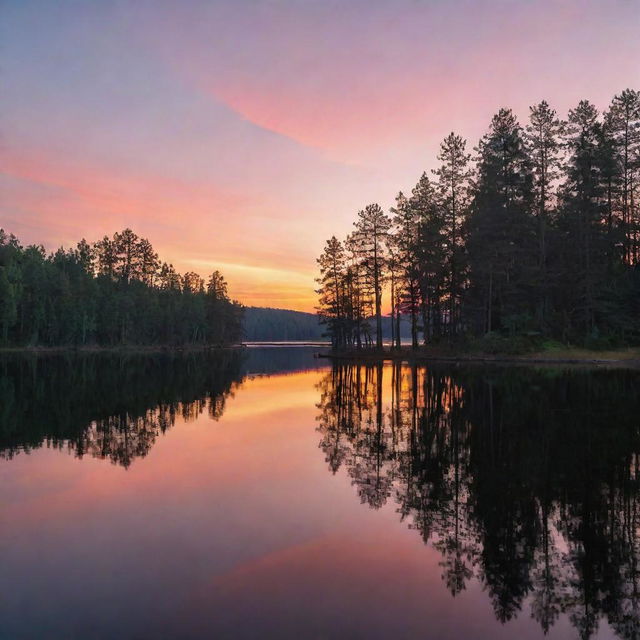 A charming sunset over a serene lake, with silhouettes of tall pine trees against the colorful evening sky.