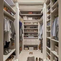 A meticulously organised walk-in closet measuring 3 meters by 1.2 meters, filled with various garments, shoes, and accessories.