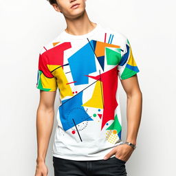 A stylish and modern graphic t-shirt design featuring a vivid abstract pattern of geometric shapes in bright colors like blue, red, yellow, and green