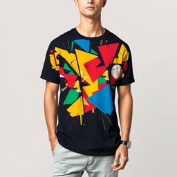 A stylish and modern graphic t-shirt design featuring a vivid abstract pattern of geometric shapes in bright colors like blue, red, yellow, and green