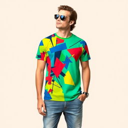 A stylish and modern graphic t-shirt design featuring a vivid abstract pattern of geometric shapes in bright colors like blue, red, yellow, and green