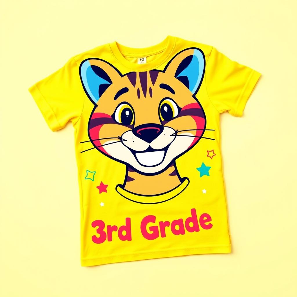 A vibrant and playful design for a third-grade t-shirt featuring a cheerful, cartoon-style puma