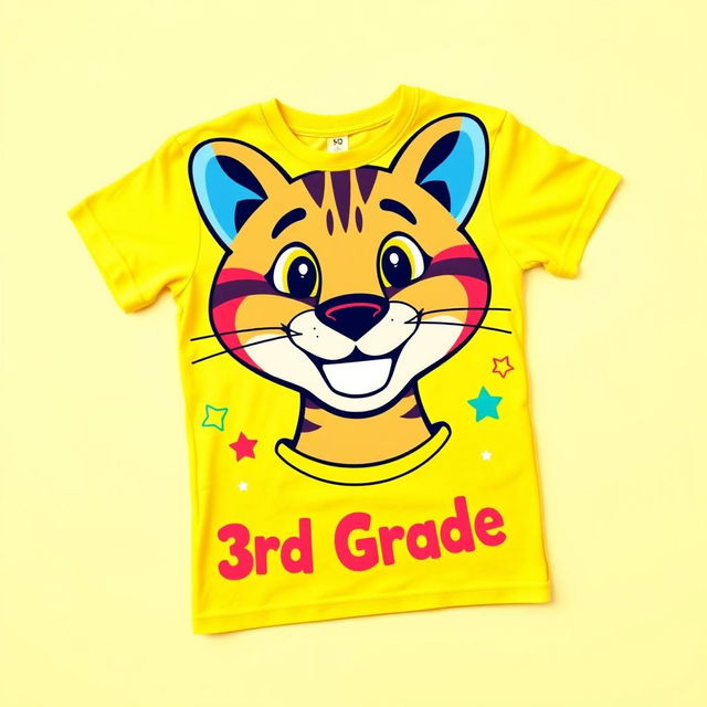 A vibrant and playful design for a third-grade t-shirt featuring a cheerful, cartoon-style puma