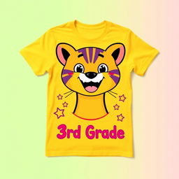 A vibrant and playful design for a third-grade t-shirt featuring a cheerful, cartoon-style puma