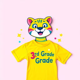 A vibrant and playful design for a third-grade t-shirt featuring a cheerful, cartoon-style puma