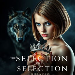 An alluring book cover inspired by 'The Selection' by Kiera Cass, featuring a young woman with vibrant sapphire blue eyes and light chestnut hair styled in a sleek bob