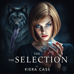 An alluring book cover inspired by 'The Selection' by Kiera Cass, featuring a young woman with vibrant sapphire blue eyes and light chestnut hair styled in a sleek bob