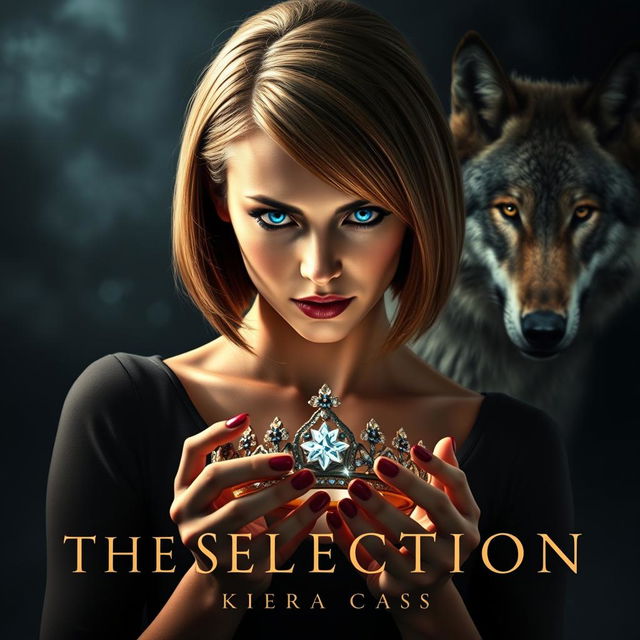 An alluring book cover inspired by 'The Selection' by Kiera Cass, featuring a young woman with vibrant sapphire blue eyes and light chestnut hair styled in a sleek bob