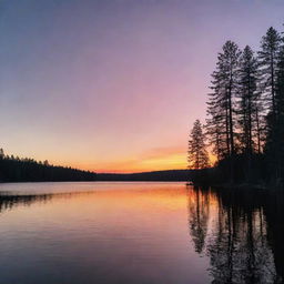 A charming sunset over a serene lake, with silhouettes of tall pine trees against the colorful evening sky.