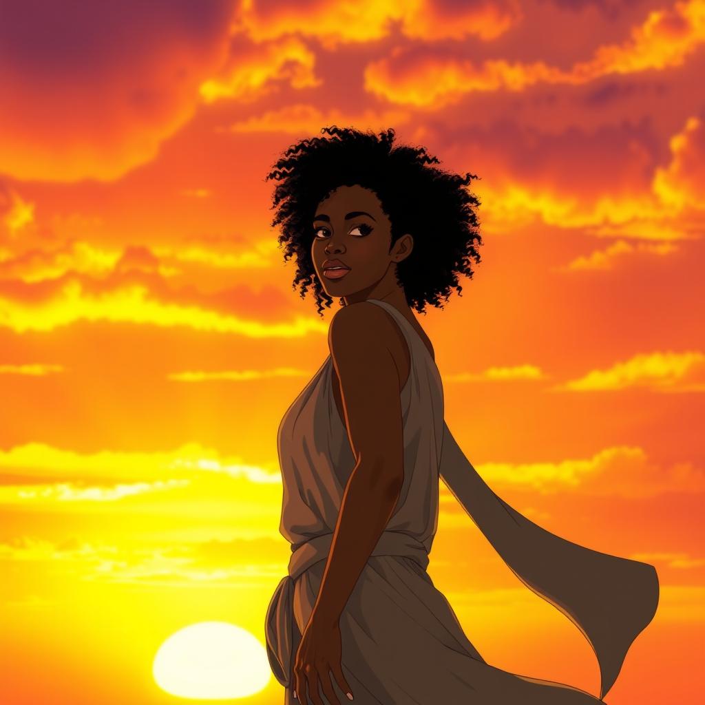 An inspiring and dynamic scene featuring the heroine of my story, a woman with light skin and curly hair, standing confidently against a dramatic sunset background