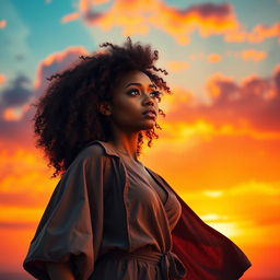 An inspiring and dynamic scene featuring the heroine of my story, a woman with light skin and curly hair, standing confidently against a dramatic sunset background