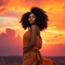 An inspiring and dynamic scene featuring the heroine of my story, a woman with light skin and curly hair, standing confidently against a dramatic sunset background