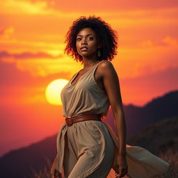 An inspiring and dynamic scene featuring the heroine of my story, a woman with light skin and curly hair, standing confidently against a dramatic sunset background