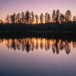 A charming sunset over a serene lake, with silhouettes of tall pine trees against the colorful evening sky.