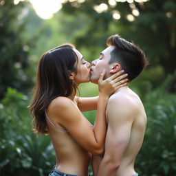 A passionate kiss between two young adults, dressed in minimal clothing, expressing deep affection in a romantic setting