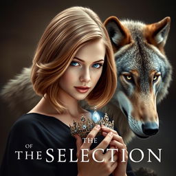 A stunning book cover designed in the style of 'The Selection' by Kiera Cass, featuring a young woman with breathtaking sapphire blue eyes and light chestnut hair styled in a refined bob