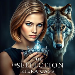 A stunning book cover designed in the style of 'The Selection' by Kiera Cass, featuring a young woman with breathtaking sapphire blue eyes and light chestnut hair styled in a refined bob