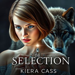 A stunning book cover designed in the style of 'The Selection' by Kiera Cass, featuring a young woman with breathtaking sapphire blue eyes and light chestnut hair styled in a refined bob