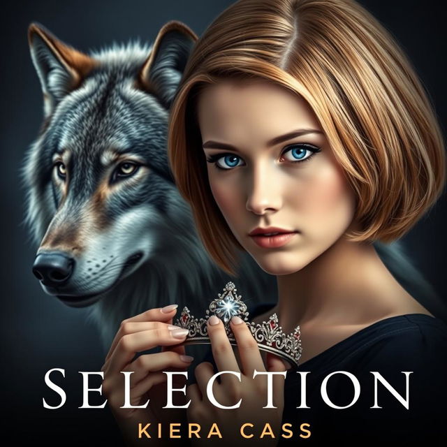 A stunning book cover designed in the style of 'The Selection' by Kiera Cass, featuring a young woman with breathtaking sapphire blue eyes and light chestnut hair styled in a refined bob