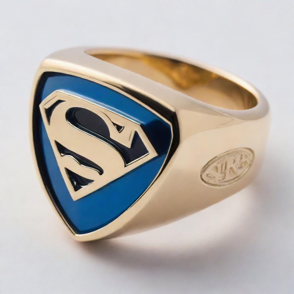 A detailed golden ring inset with a vibrant blue jewel, engraved with the Superman logo, against a bright white background.