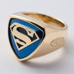 A detailed golden ring inset with a vibrant blue jewel, engraved with the Superman logo, against a bright white background.