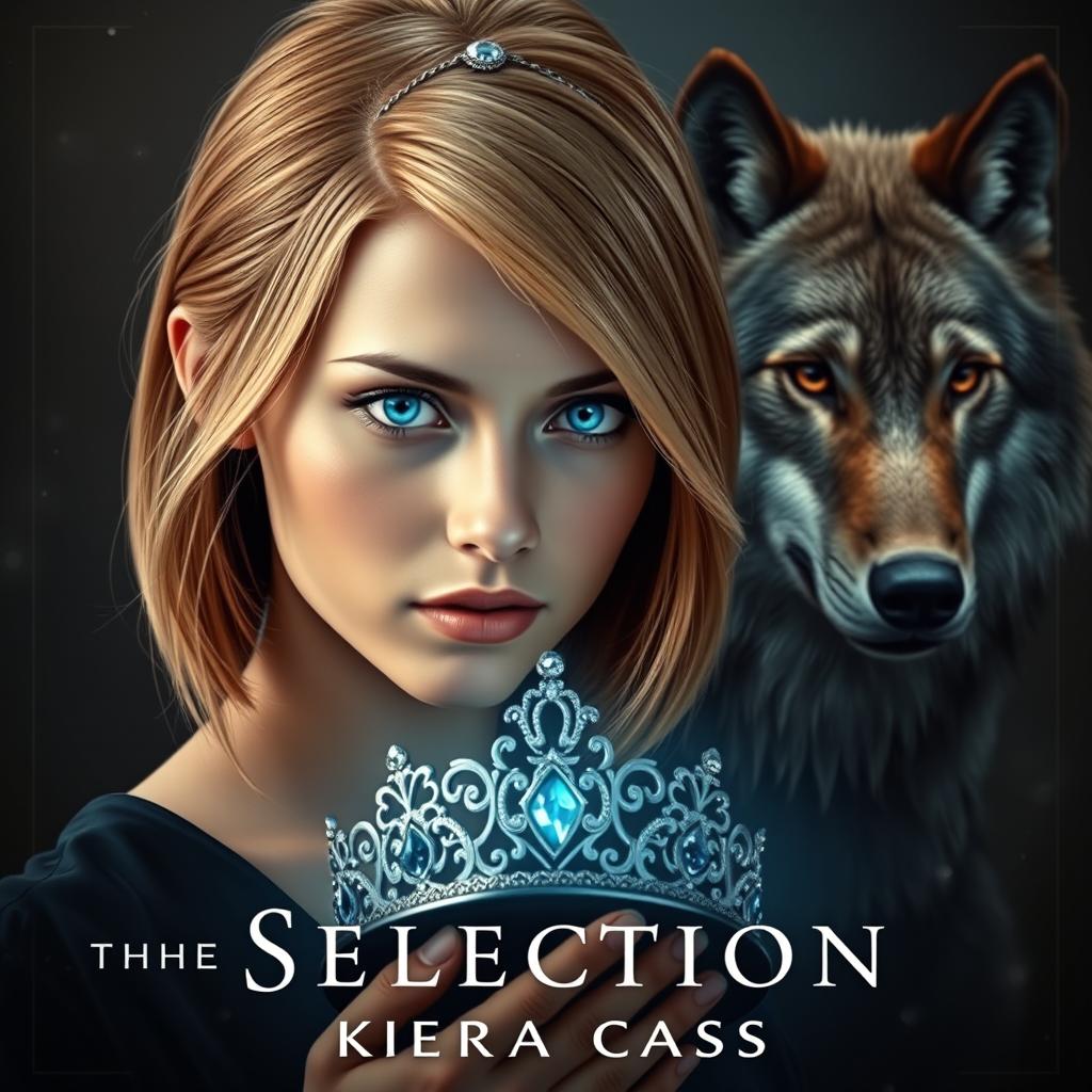 A stunning book cover inspired by 'The Selection' by Kiera Cass, featuring a young woman with captivating sapphire blue eyes and light chestnut hair styled in a sleek bob