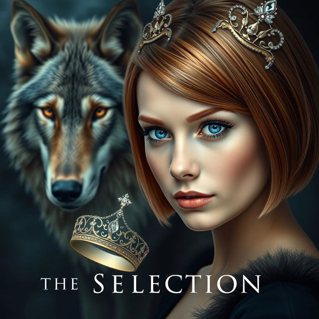 A stunning book cover inspired by 'The Selection' by Kiera Cass, featuring a young woman with captivating sapphire blue eyes and light chestnut hair styled in a sleek bob