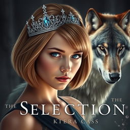 A stunning book cover inspired by 'The Selection' by Kiera Cass, featuring a young woman with captivating sapphire blue eyes and light chestnut hair styled in a sleek bob