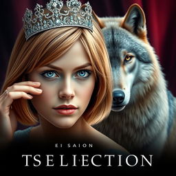 A stunning book cover inspired by 'The Selection' by Kiera Cass, featuring a young woman with captivating sapphire blue eyes and light chestnut hair styled in a sleek bob