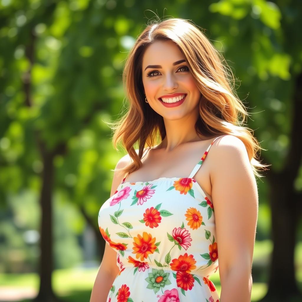 A vibrant, cheerful photo of a woman with big boobs, wearing a stylish summer dress