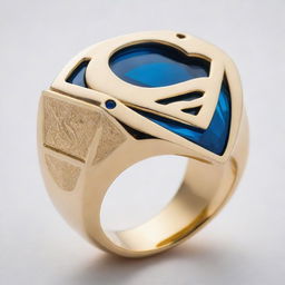 A detailed golden ring inset with a vibrant blue jewel, engraved with the Superman logo, against a bright white background.