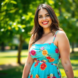 A vibrant, cheerful photo of a woman with big boobs, wearing a stylish summer dress