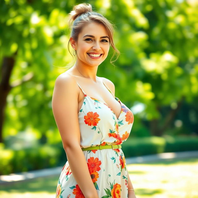 A vibrant, cheerful photo of a woman with big boobs, wearing a stylish summer dress