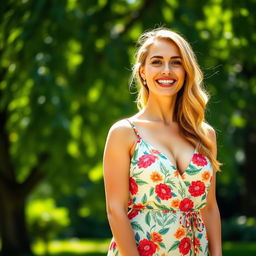 A vibrant, cheerful photo of a woman with big boobs, wearing a stylish summer dress