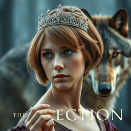 A captivating book cover designed in the style of 'The Selection' by Kiera Cass, featuring a young woman with striking sapphire blue eyes and light chestnut hair cut into a chic bob