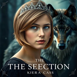 A captivating book cover designed in the style of 'The Selection' by Kiera Cass, featuring a young woman with striking sapphire blue eyes and light chestnut hair cut into a chic bob