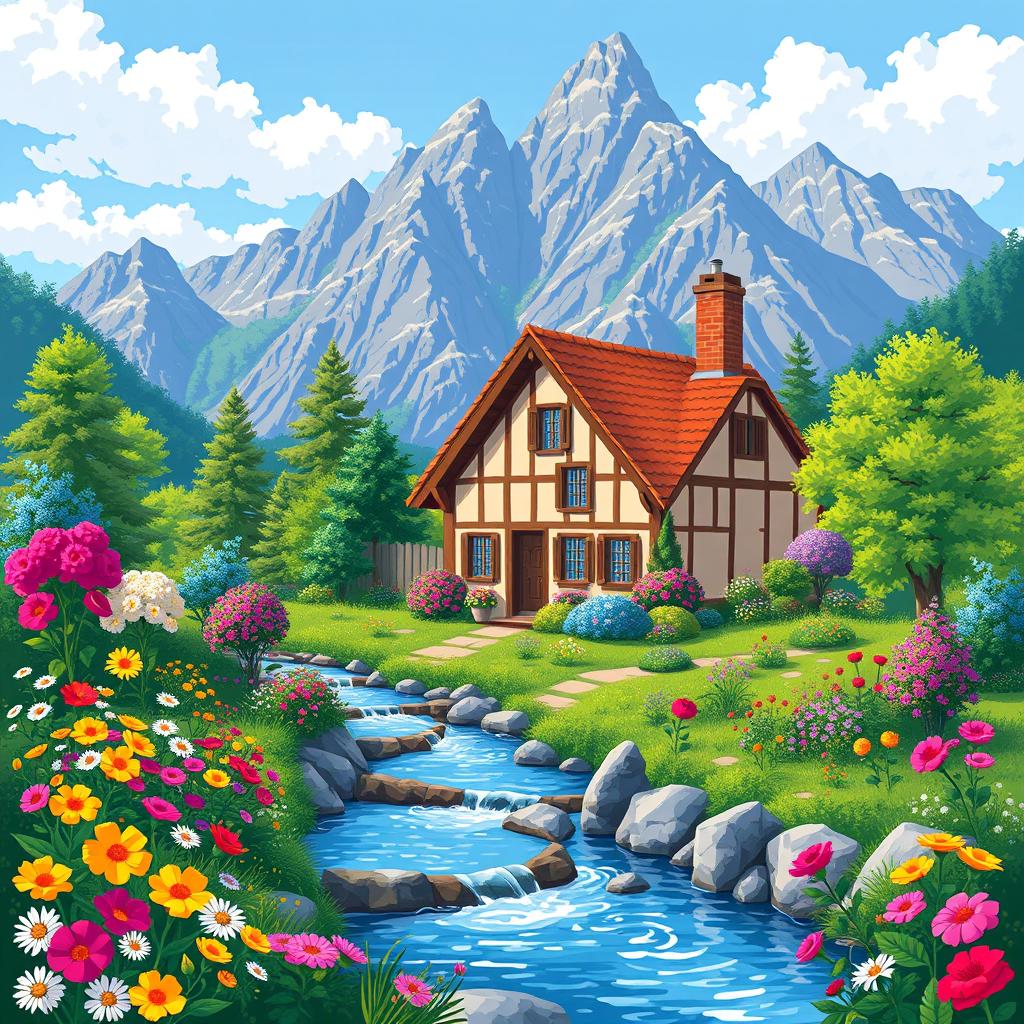 A quaint village house surrounded by colorful flowers in full bloom, a gently flowing river nearby, with majestic mountains rising in the background