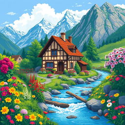 A quaint village house surrounded by colorful flowers in full bloom, a gently flowing river nearby, with majestic mountains rising in the background