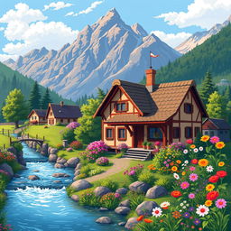 A quaint village house surrounded by colorful flowers in full bloom, a gently flowing river nearby, with majestic mountains rising in the background