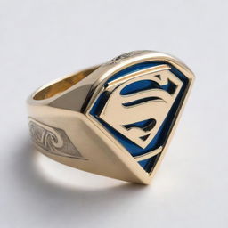 A detailed golden ring inset with a vibrant blue jewel, engraved with the Superman logo, against a bright white background.