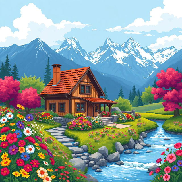 A quaint village house surrounded by colorful flowers in full bloom, a gently flowing river nearby, with majestic mountains rising in the background