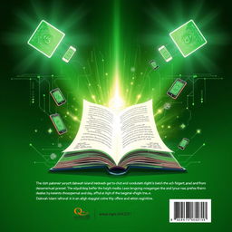 A visually striking back cover for a book, featuring an illustration of an open book symbolizing knowledge, with glowing light emanating from its pages